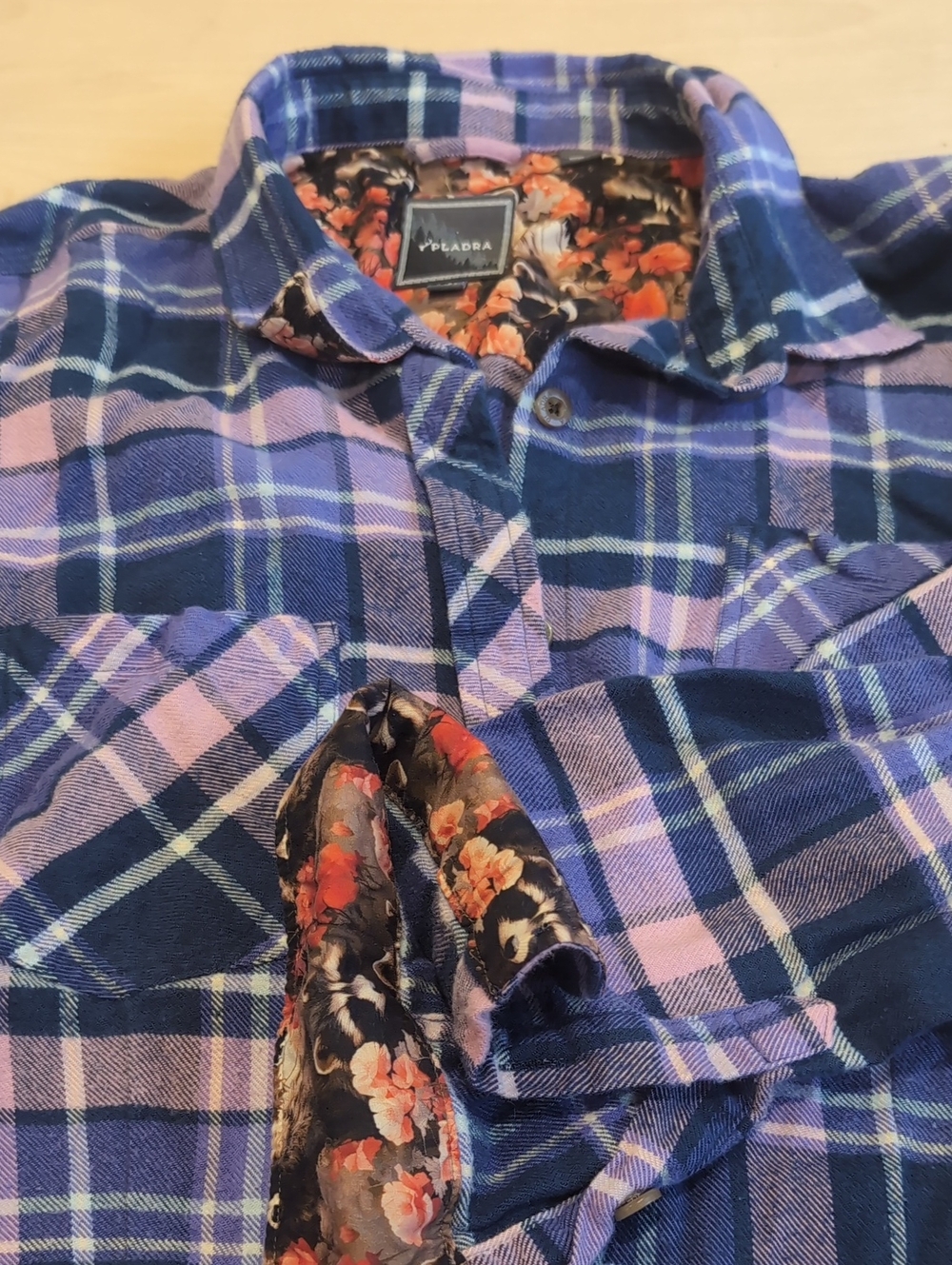 Plaid Button-Up Shirt with Floral Trim - Blue & Pink